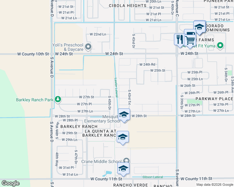 map of restaurants, bars, coffee shops, grocery stores, and more near 2675 South 45th Drive in Yuma