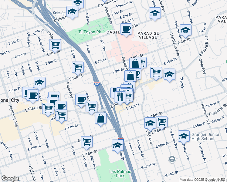 map of restaurants, bars, coffee shops, grocery stores, and more near 2120 East 11th Street in National City