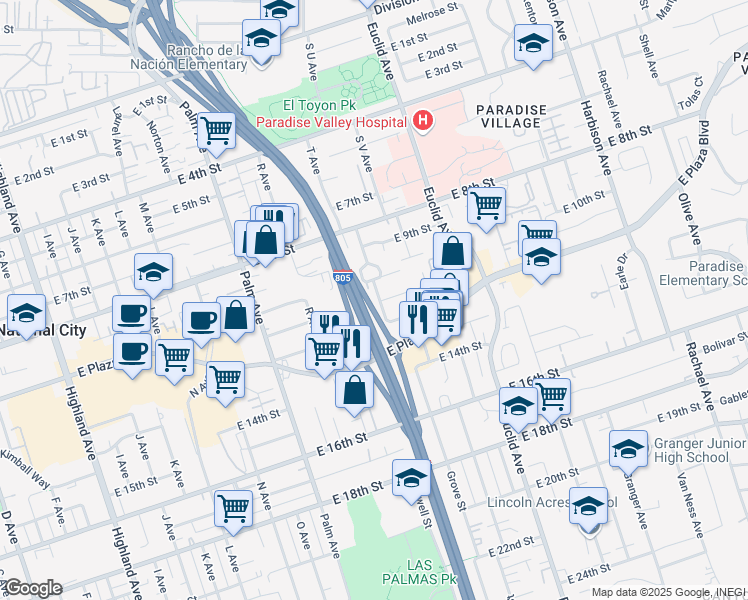 map of restaurants, bars, coffee shops, grocery stores, and more near 1042 Paradise Drive in National City