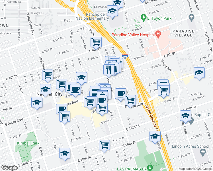 map of restaurants, bars, coffee shops, grocery stores, and more near 940 Palm Avenue in National City
