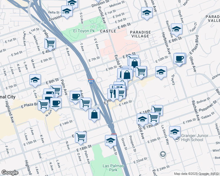 map of restaurants, bars, coffee shops, grocery stores, and more near 2130 East 11th Street in National City
