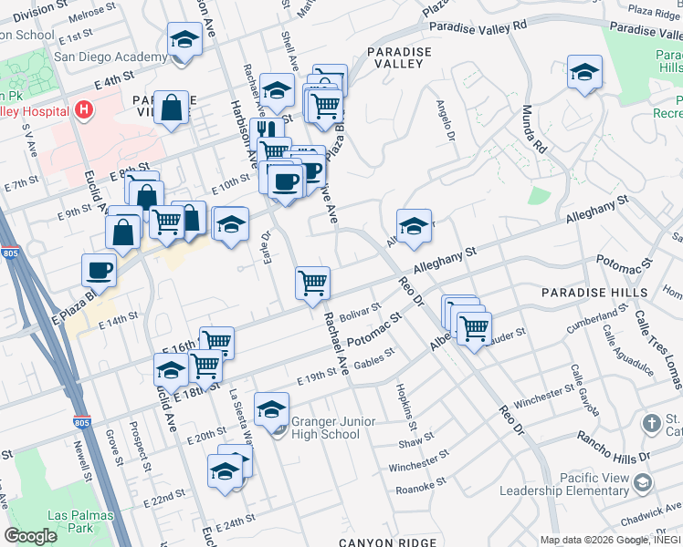 map of restaurants, bars, coffee shops, grocery stores, and more near 5727 Altamont Drive in San Diego