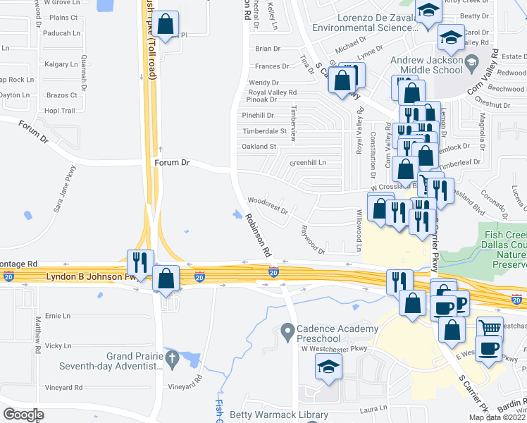 map of restaurants, bars, coffee shops, grocery stores, and more near 826 Woodhaven Lane in Grand Prairie
