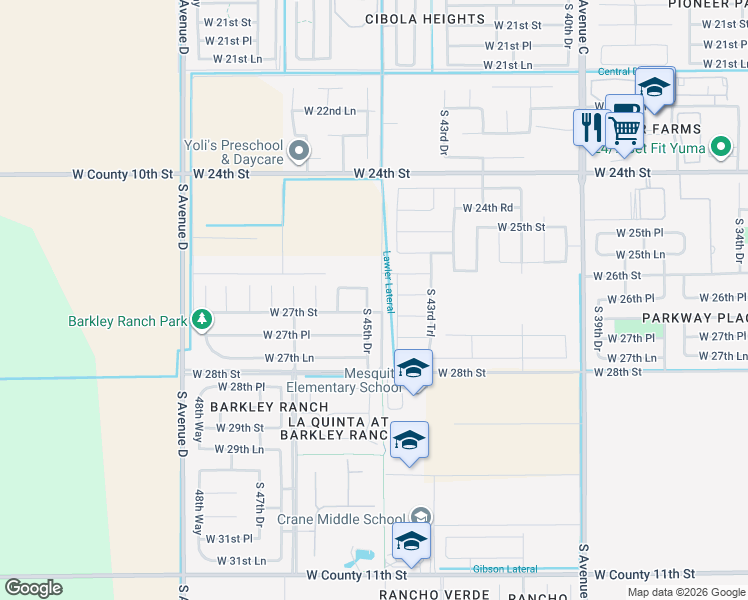 map of restaurants, bars, coffee shops, grocery stores, and more near 2675 South 45th Drive in Yuma