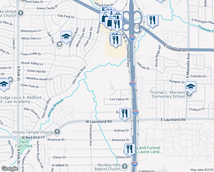 map of restaurants, bars, coffee shops, grocery stores, and more near 221 Hammerking Road in Dallas