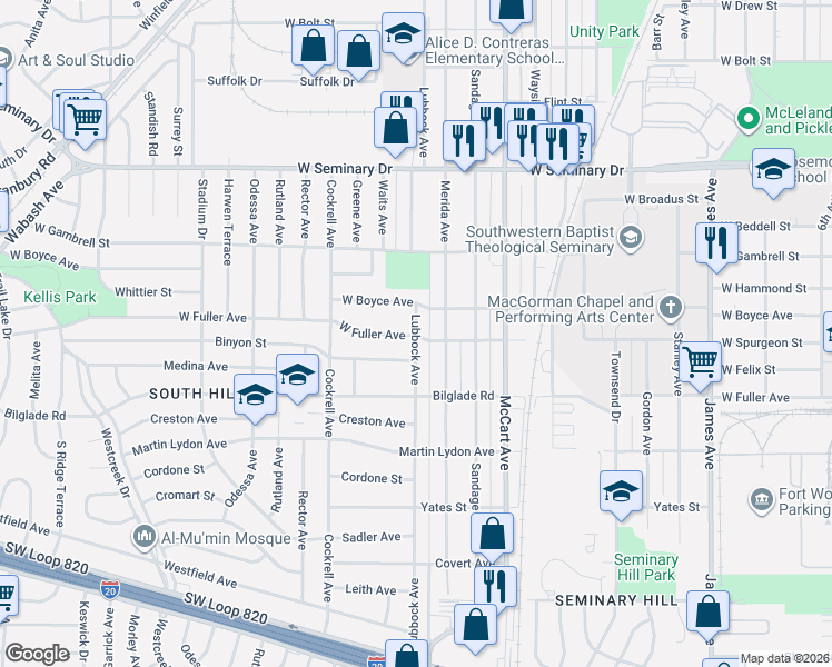 map of restaurants, bars, coffee shops, grocery stores, and more near 4625 Lubbock Avenue in Fort Worth