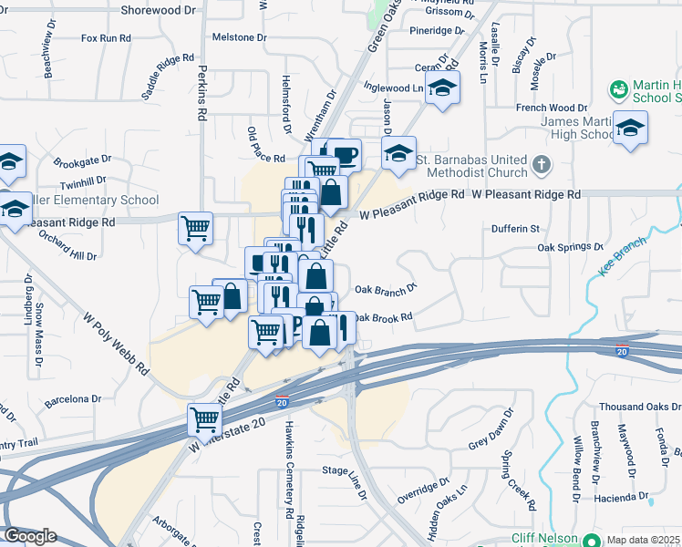 map of restaurants, bars, coffee shops, grocery stores, and more near 4381 West Green Oaks Boulevard in Arlington