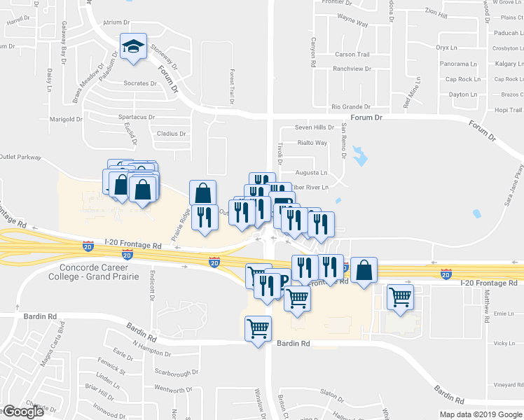 map of restaurants, bars, coffee shops, grocery stores, and more near 3890 South Great Southwest Parkway in Grand Prairie