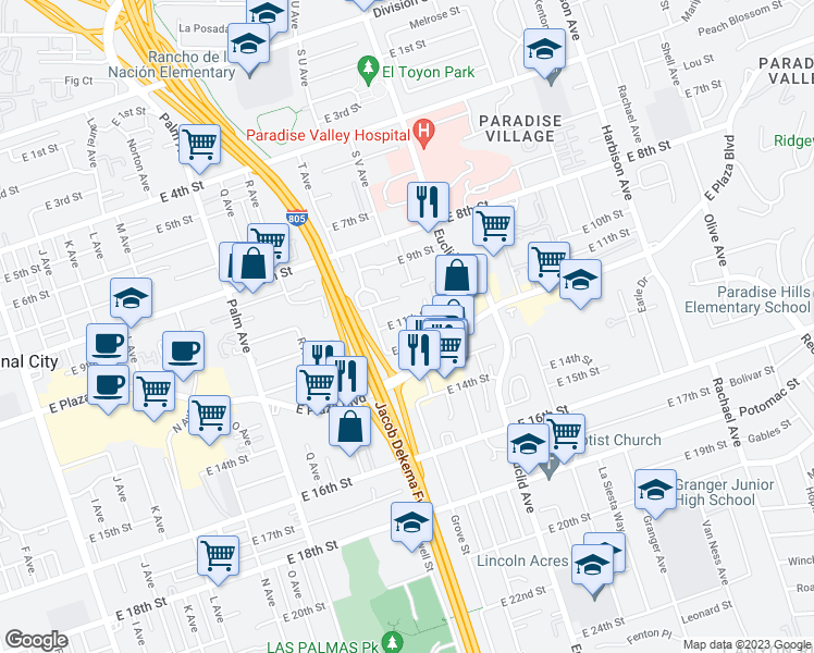 map of restaurants, bars, coffee shops, grocery stores, and more near 2130 East 11th Street in National City