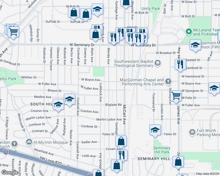 map of restaurants, bars, coffee shops, grocery stores, and more near 4620 Sandage Avenue in Fort Worth