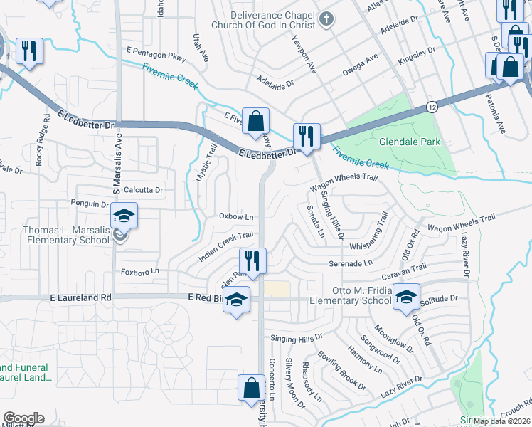 map of restaurants, bars, coffee shops, grocery stores, and more near 1209 Wagon Wheels Trail in Dallas