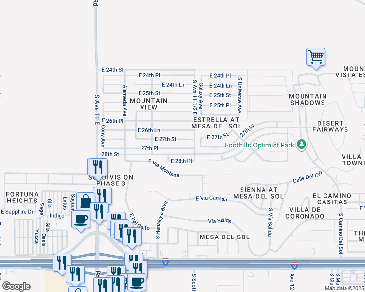 map of restaurants, bars, coffee shops, grocery stores, and more near 11450 East 27th Place in Yuma