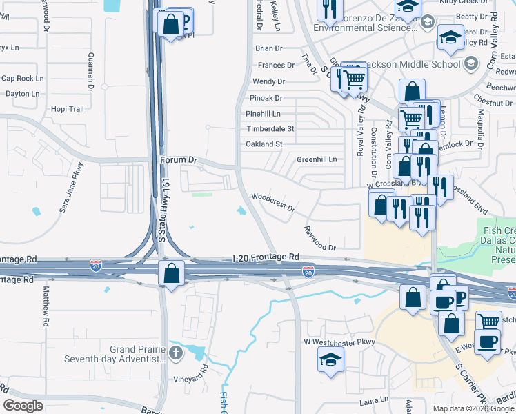 map of restaurants, bars, coffee shops, grocery stores, and more near 837 Woodhaven Lane in Grand Prairie