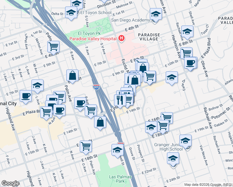 map of restaurants, bars, coffee shops, grocery stores, and more near 2130 East 11th Street in National City