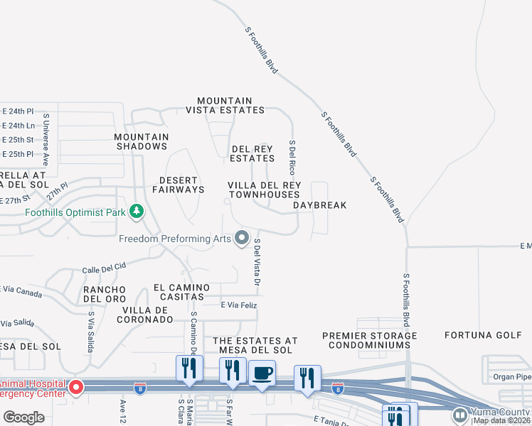 map of restaurants, bars, coffee shops, grocery stores, and more near 12501 East Del Rey Drive in Yuma