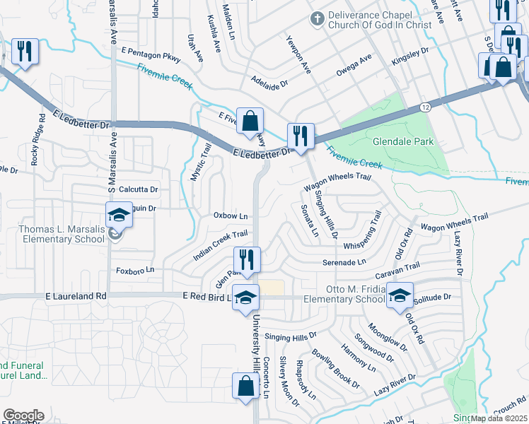 map of restaurants, bars, coffee shops, grocery stores, and more near 1217 Wagon Wheels Trail in Dallas