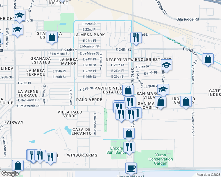 map of restaurants, bars, coffee shops, grocery stores, and more near 1802 San Marcos Drive in Yuma