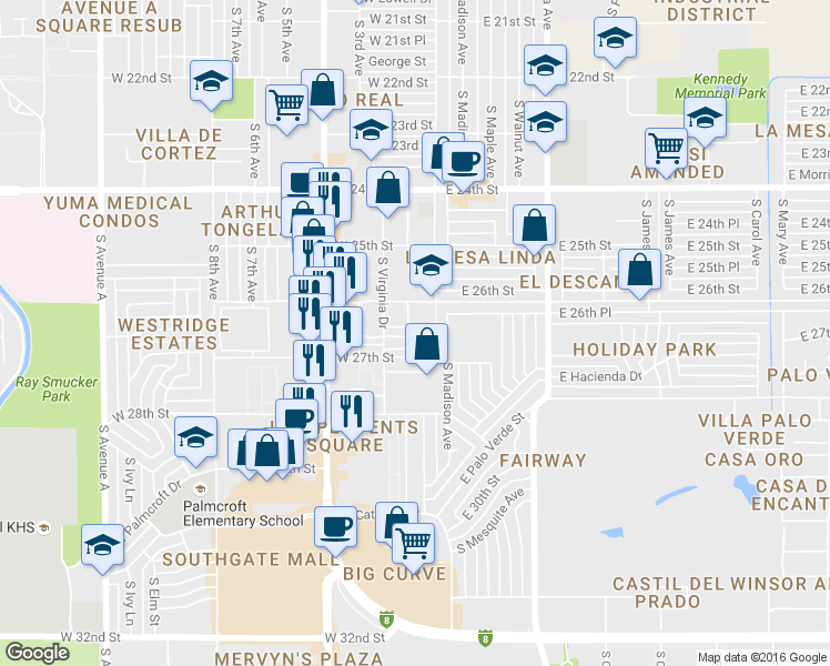 map of restaurants, bars, coffee shops, grocery stores, and more near 2666 South Los Amigos Drive in Yuma