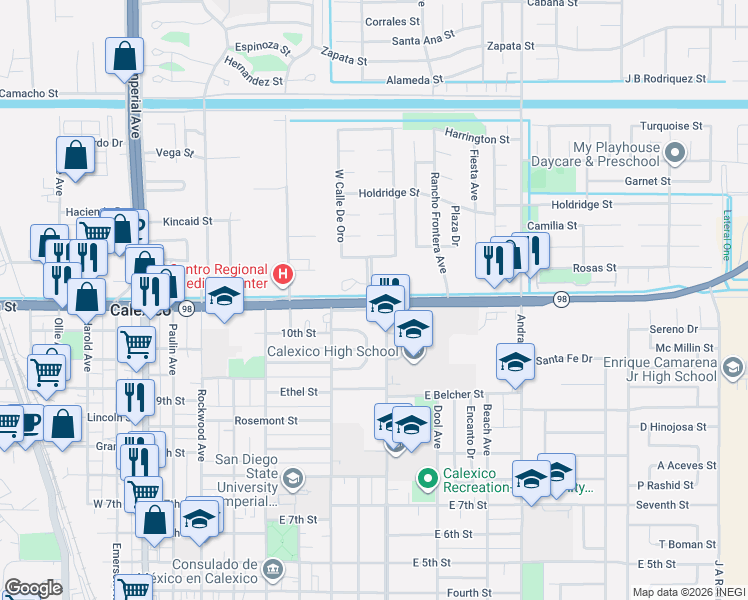 map of restaurants, bars, coffee shops, grocery stores, and more near 710 East Birch Street in Calexico