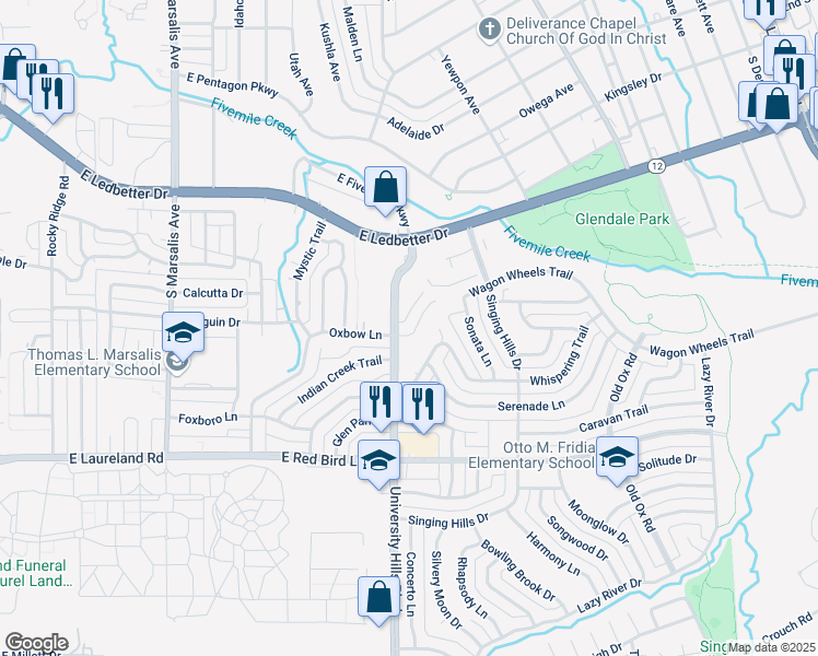map of restaurants, bars, coffee shops, grocery stores, and more near 1217 Wagon Wheels Trail in Dallas