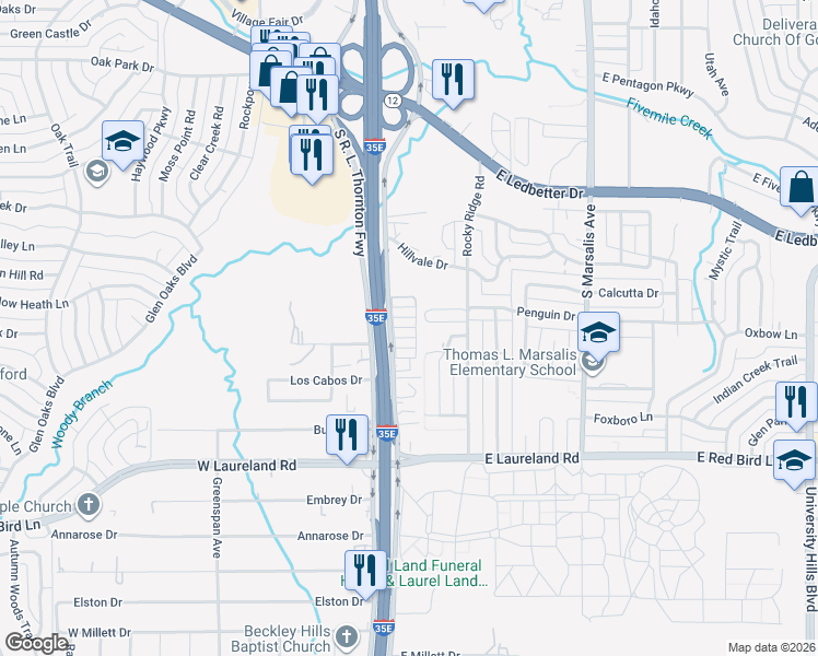 map of restaurants, bars, coffee shops, grocery stores, and more near 109 Pinwherry Lane in Dallas