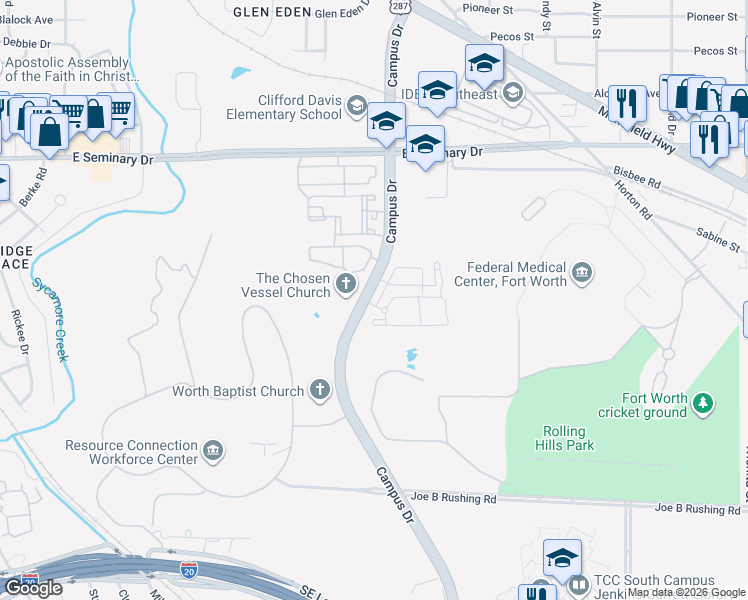 map of restaurants, bars, coffee shops, grocery stores, and more near 4615 Alamosa Street in Fort Worth