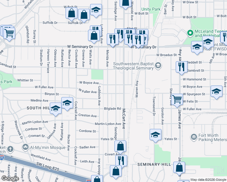 map of restaurants, bars, coffee shops, grocery stores, and more near 4620 Sandage Avenue in Fort Worth