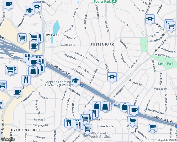 map of restaurants, bars, coffee shops, grocery stores, and more near 4217 Selkirk Drive West in Fort Worth