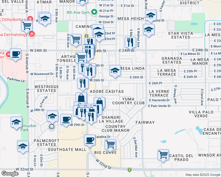 map of restaurants, bars, coffee shops, grocery stores, and more near 2666 South Los Amigos Drive in Yuma