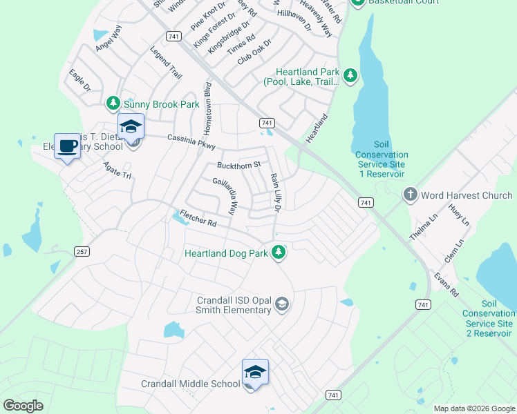 map of restaurants, bars, coffee shops, grocery stores, and more near 3021 Rosemount Lane in Crandall