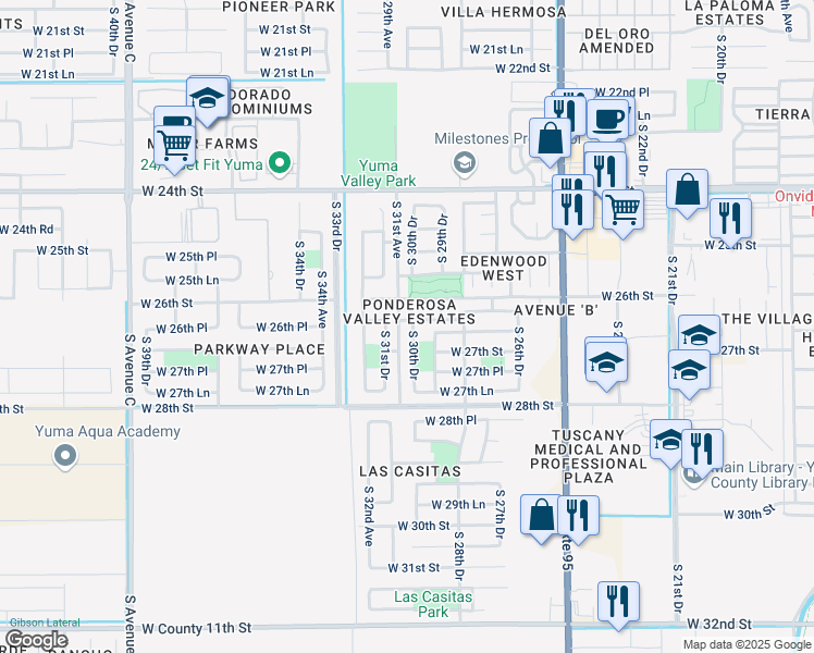map of restaurants, bars, coffee shops, grocery stores, and more near 2634 South 30th Drive in Yuma