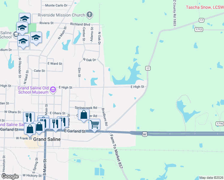 map of restaurants, bars, coffee shops, grocery stores, and more near 806 East High Street in Grand Saline