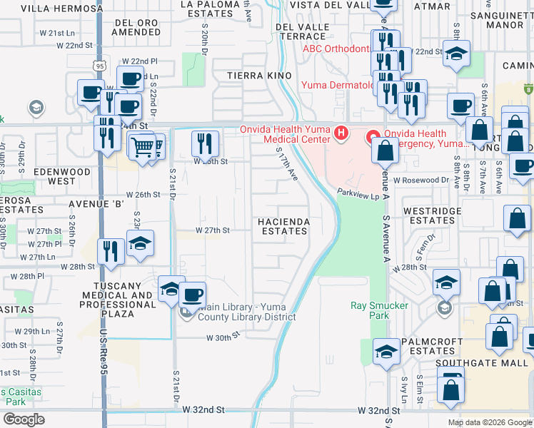 map of restaurants, bars, coffee shops, grocery stores, and more near 1775 West 26th Drive in Yuma