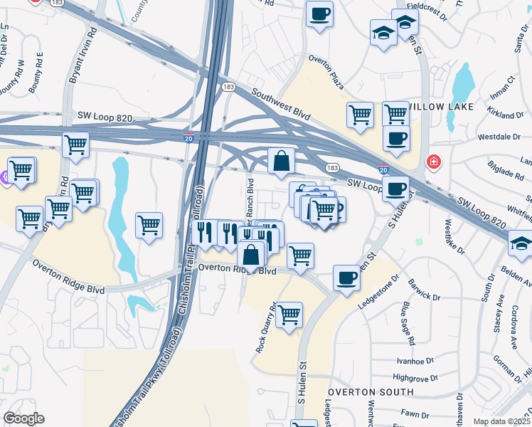 map of restaurants, bars, coffee shops, grocery stores, and more near 5101 River Valley Boulevard in Fort Worth