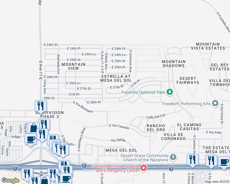 map of restaurants, bars, coffee shops, grocery stores, and more near 11533 27th Place in Yuma