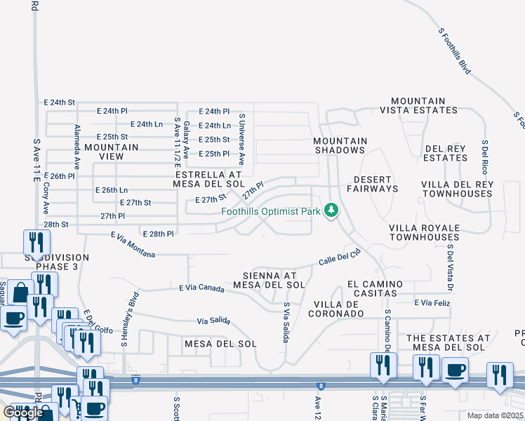 map of restaurants, bars, coffee shops, grocery stores, and more near 11731 East 28th Place in Yuma