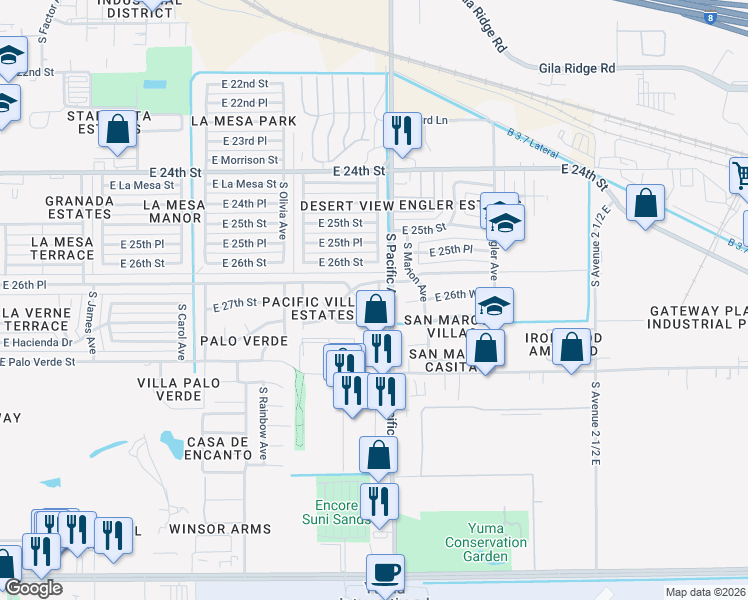 map of restaurants, bars, coffee shops, grocery stores, and more near 1964 East 26th Place in Yuma