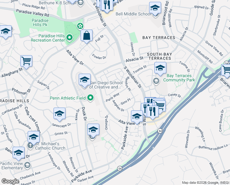 map of restaurants, bars, coffee shops, grocery stores, and more near 2444 Adirondack Row in San Diego
