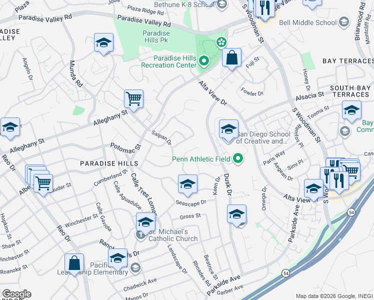 map of restaurants, bars, coffee shops, grocery stores, and more near 6306 Viewpoint Court in San Diego