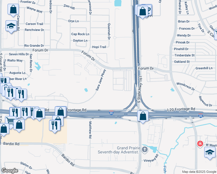 map of restaurants, bars, coffee shops, grocery stores, and more near in Grand Prairie