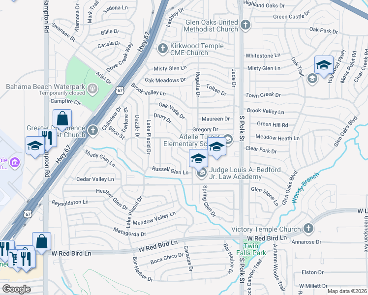 map of restaurants, bars, coffee shops, grocery stores, and more near 5106 Chalet Lane in Dallas