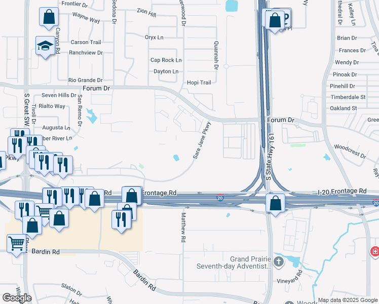 map of restaurants, bars, coffee shops, grocery stores, and more near Sara Jane Parkway in Grand Prairie