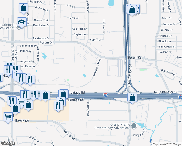 map of restaurants, bars, coffee shops, grocery stores, and more near 2136 Sara Jane Parkway in Grand Prairie