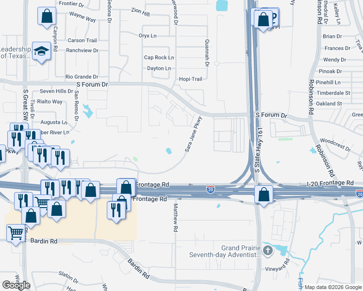 map of restaurants, bars, coffee shops, grocery stores, and more near 2136 Sara Jane Parkway in Grand Prairie