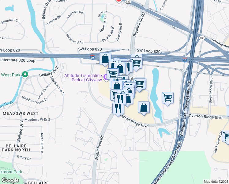 map of restaurants, bars, coffee shops, grocery stores, and more near 4750 Bryant Irvin Road in Fort Worth