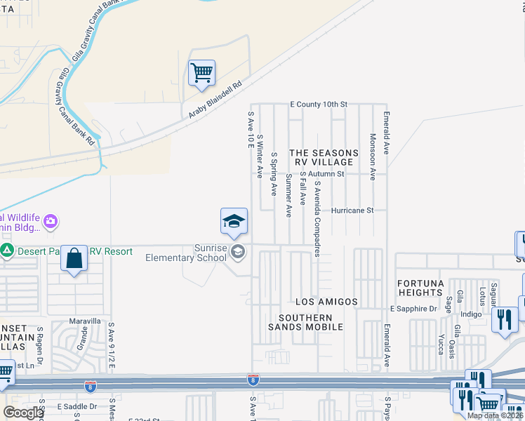 map of restaurants, bars, coffee shops, grocery stores, and more near Hurricane Street in Yuma