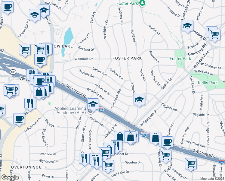 map of restaurants, bars, coffee shops, grocery stores, and more near 4217 Selkirk Drive West in Fort Worth