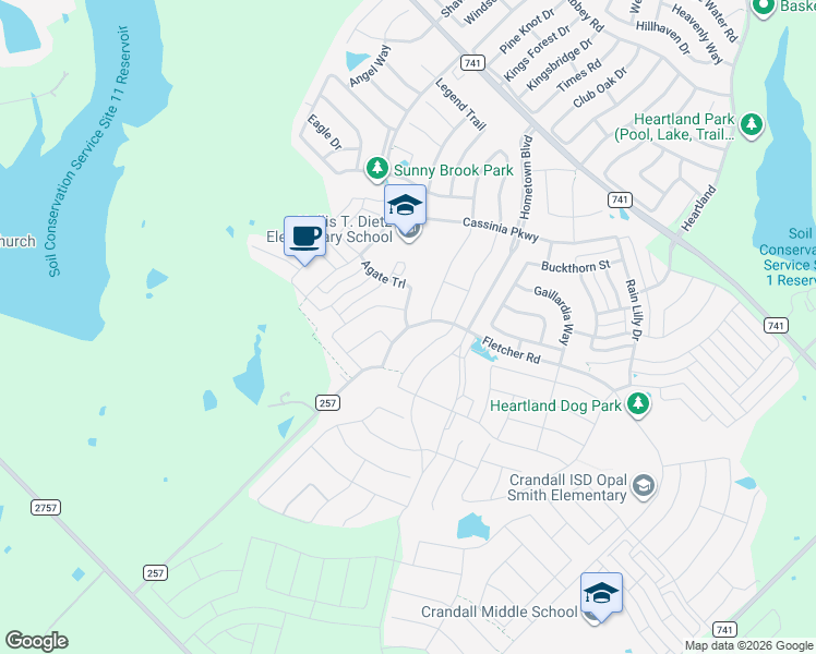 map of restaurants, bars, coffee shops, grocery stores, and more near 3411 Fletcher Road in Crandall