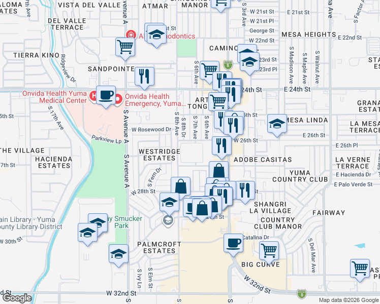 map of restaurants, bars, coffee shops, grocery stores, and more near 2651 South 8th Avenue in Yuma