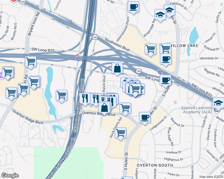 map of restaurants, bars, coffee shops, grocery stores, and more near 5100 River Valley Boulevard in Fort Worth